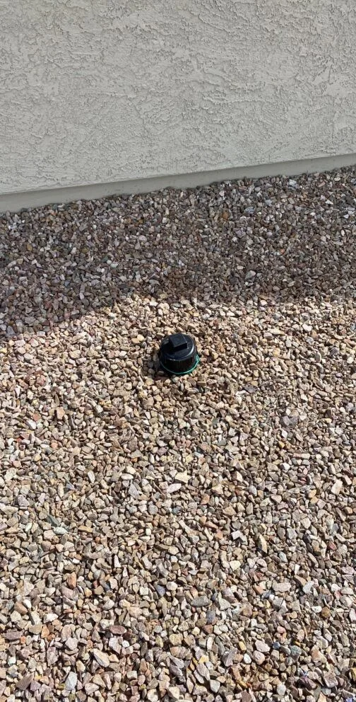 Single sewer cleanout cap in a gravel yard beside a stuccoed wall