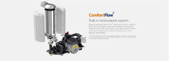 Navien ComfortFlow built-in recirculation system with buffer tank and recirculation pump inside a tankless water heater