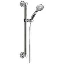 Chrome handheld shower head mounted on a wall slide bar