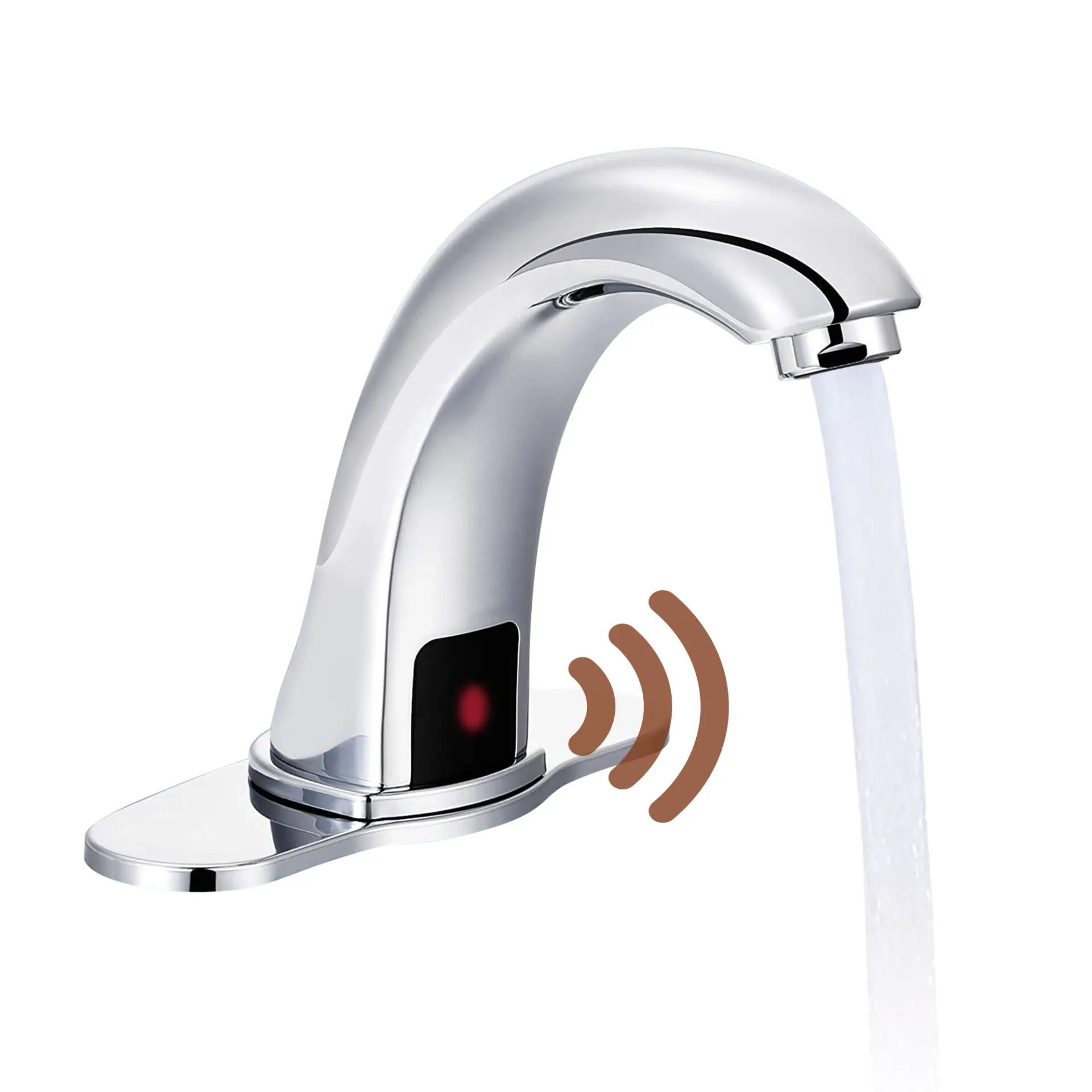 Chrome touchless bathroom faucet running water, with a sensor icon showing hands-free activation