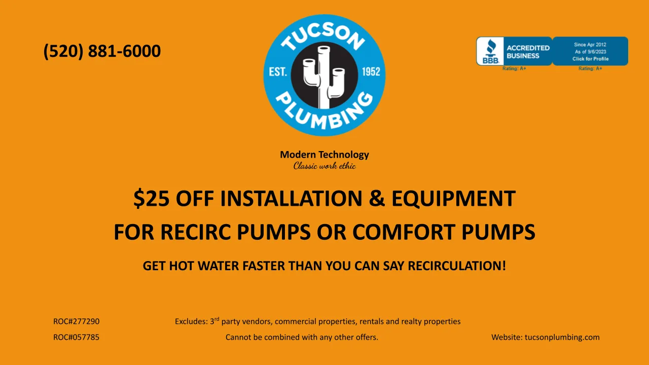 Tucson Plumbing coupon: $25 off installation and equipment for recirc pumps or comfort pumps — get hot water faster than you can say recirculation