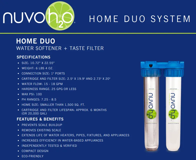 NuvoH2O Home Duo System spec sheet: water softener plus taste filter with specifications and features for homes smaller than 1,500 square feet