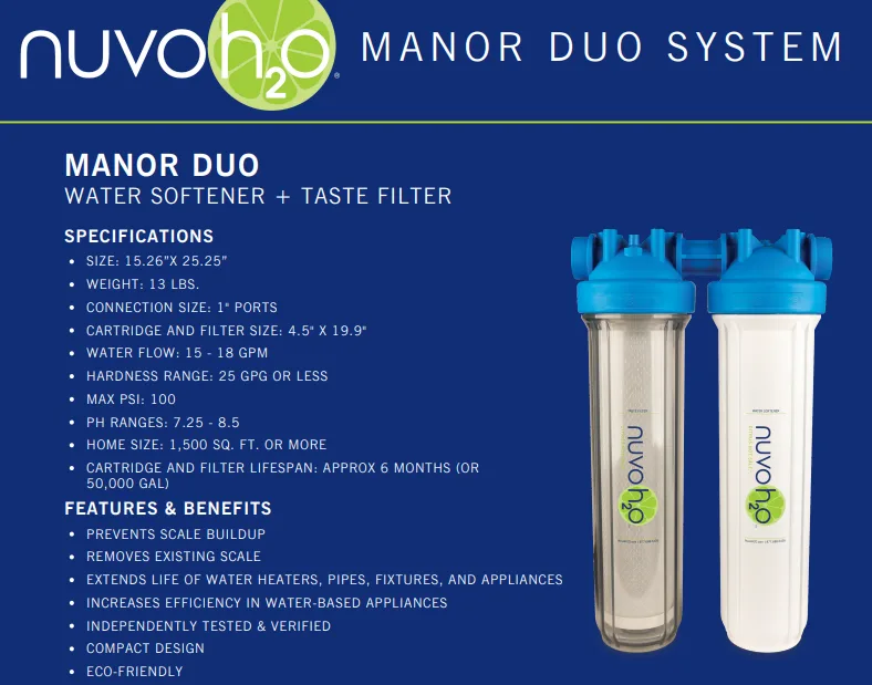 NuvoH2O Manor Duo System spec sheet: water softener plus taste filter with specifications and features for homes of 1,500 square feet or more