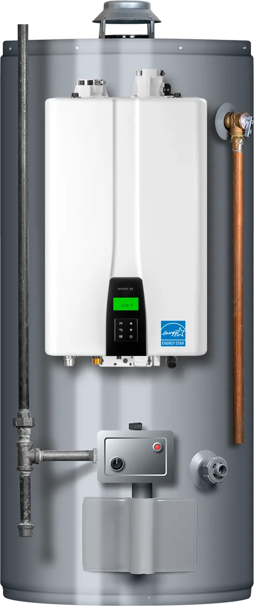 Tankless water heater unit mounted in front of a traditional tank water heater